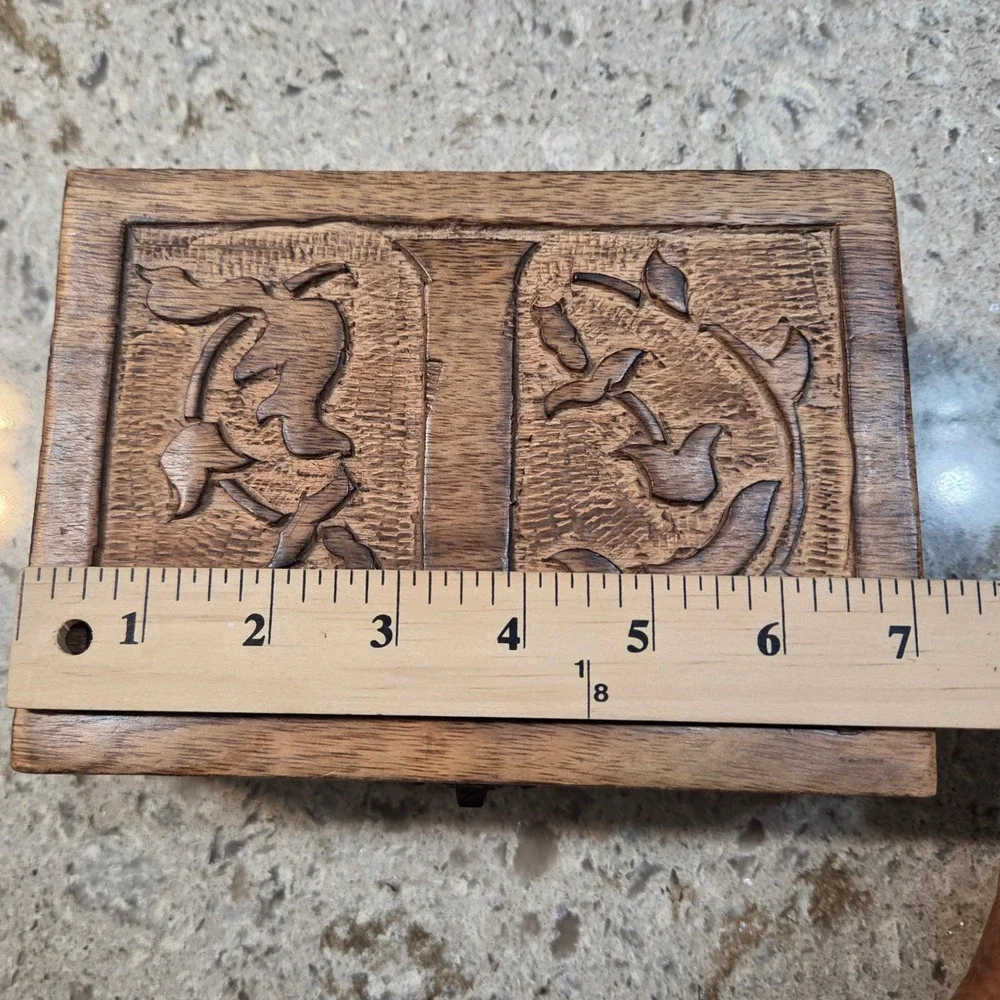Hand Carved Wooden Initial J Keepsake Jewelry Box Floral Vine Relief Storage